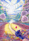 Card with a scenic view of a park with cherry blossoms and a yellow path