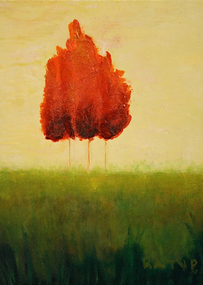 Card with an abstract painting of a red tree-like shape on a yellow background