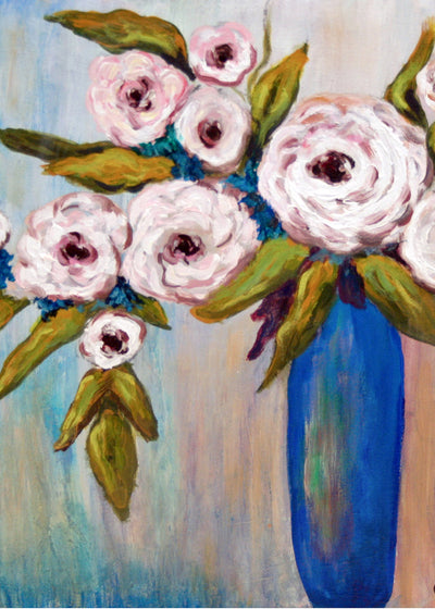 Card with a painting of pink flowers in a blue vase against a multicolored background