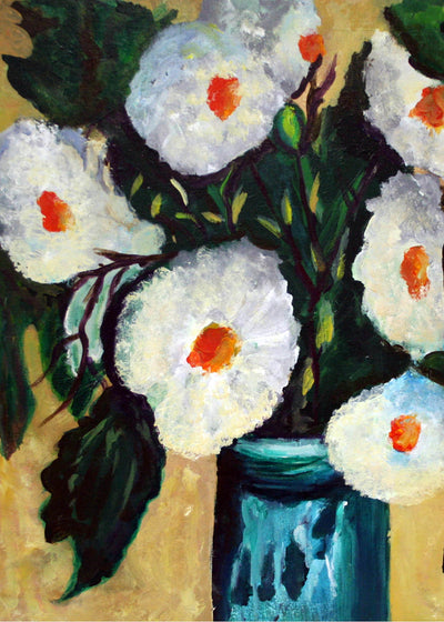 Card with an artistic depiction of white flowers with orange centers in a blue vase on a beige background