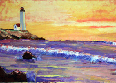 Card with painting of a lighthouse on a rocky shore with waves and a colorful sky.