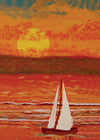 Card with a painting of a sailboat on water with a sunset sky