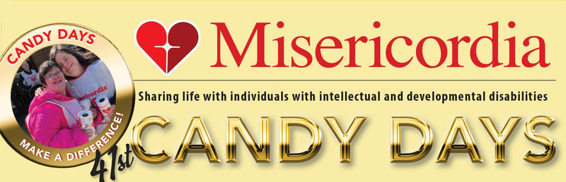 Misericordia 41st Candy Days banner with text and circular image of two residents of Misericordia.