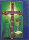 Card with a decorative cross with hourglass and bread on a blue and green background