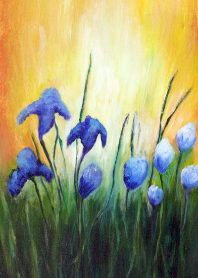 Card with painting of blue flowers against a warm, gradient background