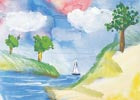 Card with a watercolor landscape with trees, a house, and a sailboat on a blue sky background