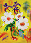 Card with a colorful abstract painting of flowers and geometric shapes