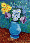 Card with a painting of a vase with flowers on a wooden surface