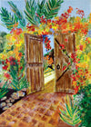 Card with a decorative image of a garden scene with a wooden gate and colorful flowers.