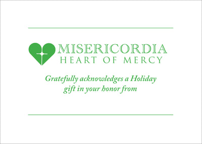 Card with 'Misericordia Heart of Mercy' logo and text on a white background