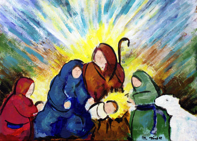 Card with a painting of a nativity scene with three wise men and a lamb, set against a bright, star-like background.