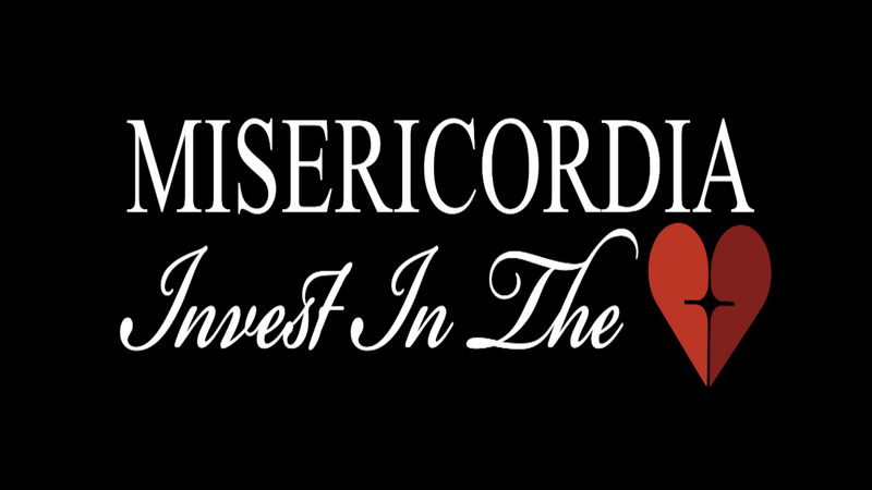 Black background with white text 'MISERICORDIA Invest In The' and a red heart symbol.