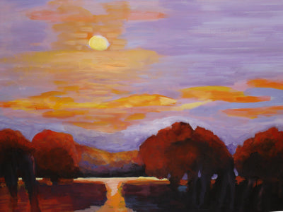 Card with a painting of a sunset over an autumn forest. 