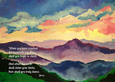 Card with colorful mountain landscape with a quote by Gitan on a dark background