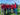 Group of people in red shirts standing on a grassy field with a clear blue sky.